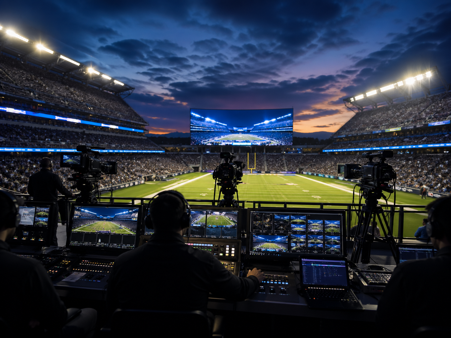 Live sports stadium production with cameras, control monitors, and a large event video board.